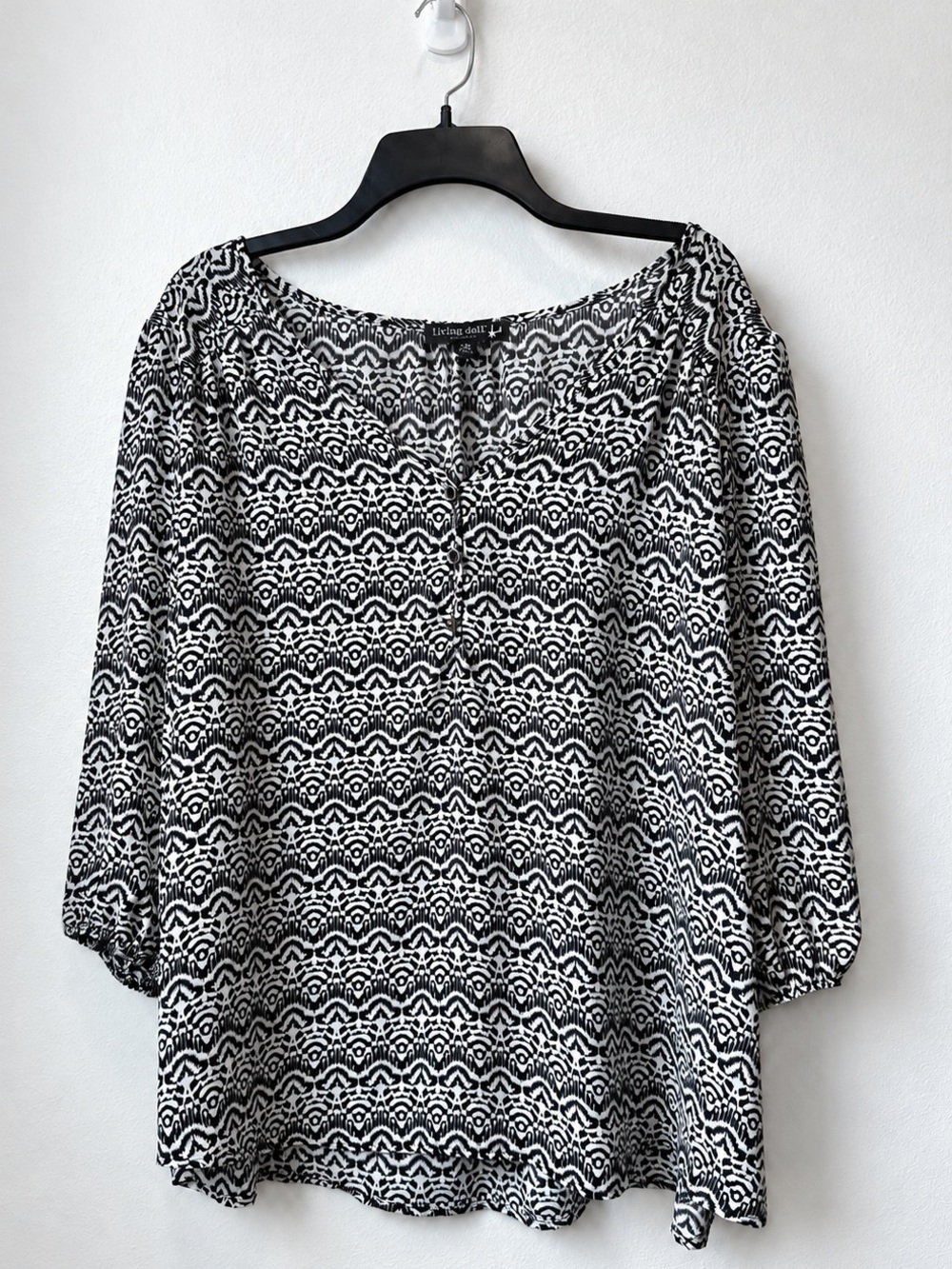 Living Doll 2X Black White Ikat Boho Blouse Made in USA Plus Size